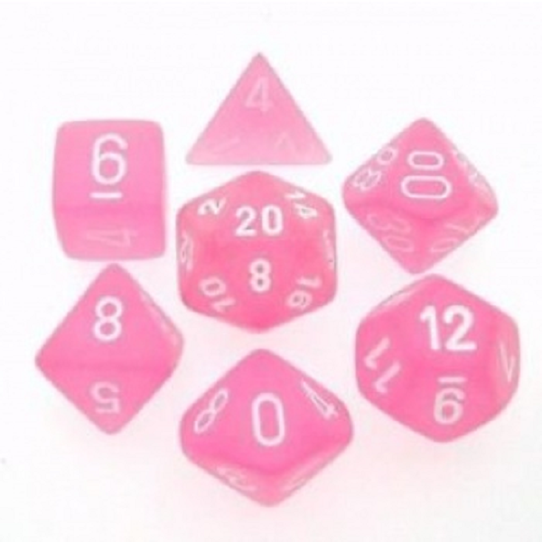 Frosted Polyhedral 7 Die Set Pink w white